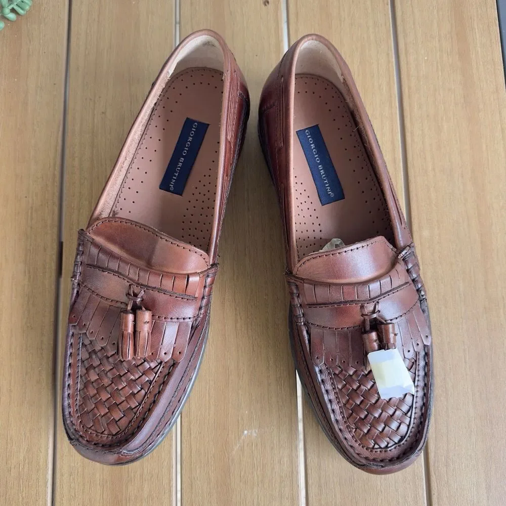 Giorgio Brutini Ben Brown Men’s 13 M Leather Woven Tassel Loafers Shoes New